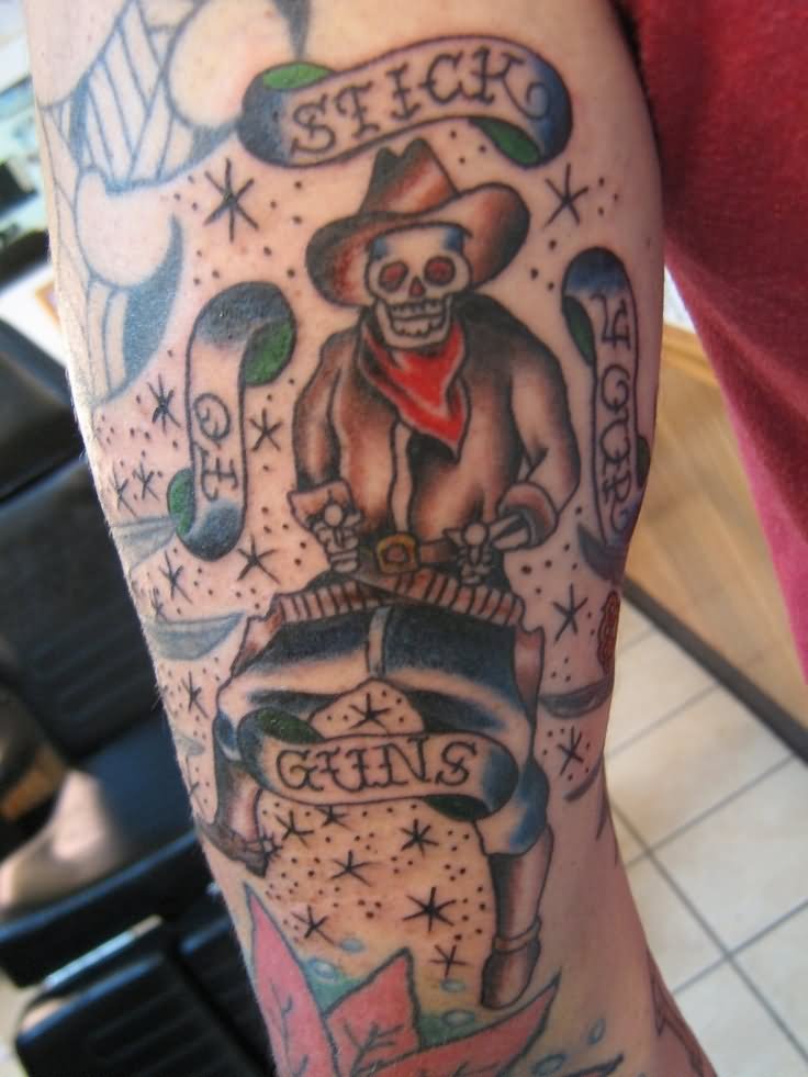 Traditional Cowboy Skeleton With Banner Tattoo On Half Sleeve