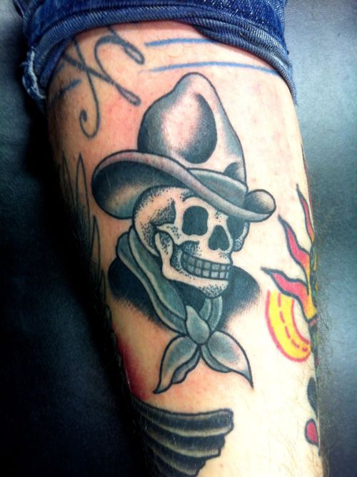 Traditional Cowboy Skull Tattoo On Forearm