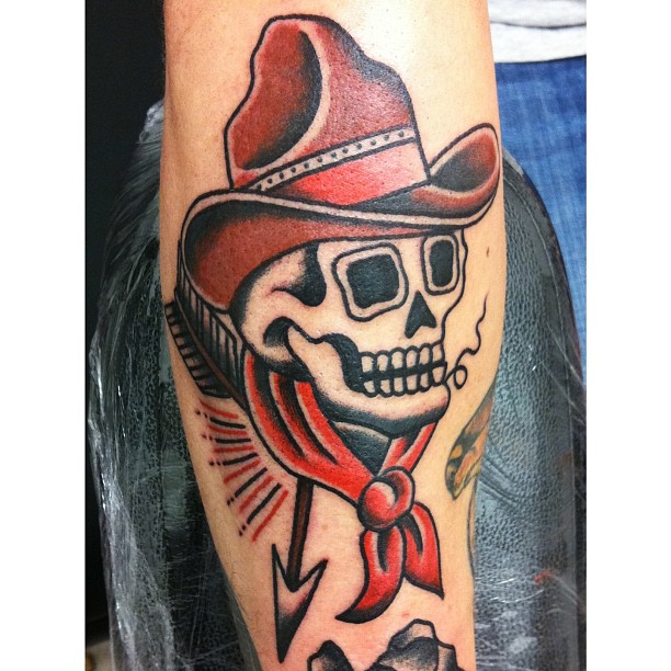 Traditional Cowboy Skull With Arrow Tattoo Design For Half Sleeve