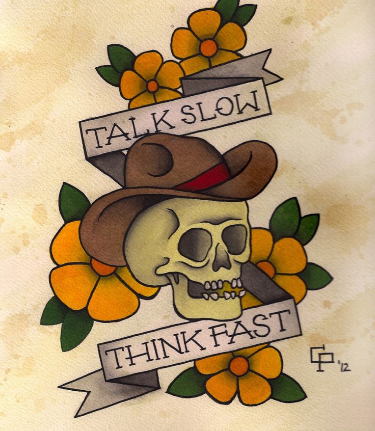 Traditional Cowboy Skull With Flowers And Banner Tattoo Design