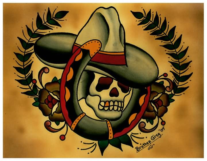 Traditional Cowboy Skull With Horseshoe And Roses Tattoo Design