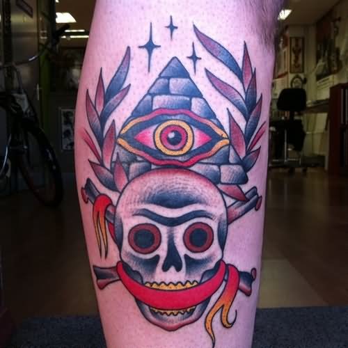 Traditional Danger Skull Bone With Illuminati Eye Tattoo Design