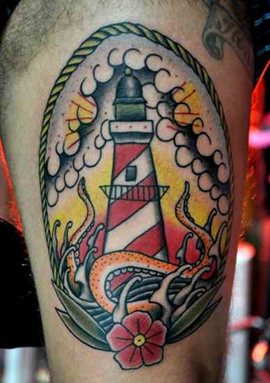 Traditional Lighthouse Tattoo On Leg