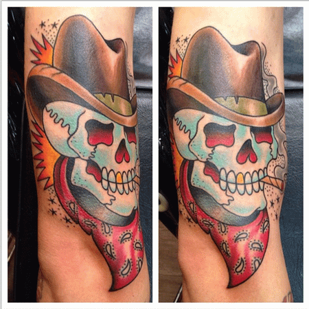 Traditional Smoking Cowboy Skull Tattoo Design For Half Sleeve