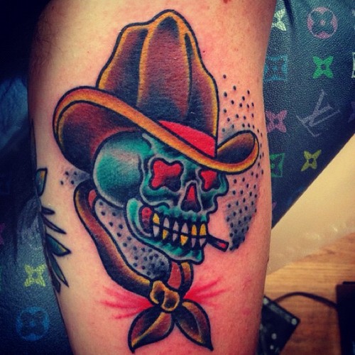 Traditional Smoking Cowboy Skull Tattoo Design