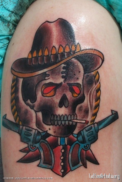 Traditional Smoking Cowboy  Skull With Two Guns Tattoo Design For Shoulder