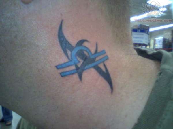 Tribal And Blue Libra Zodiac Sign Tattoo On Side Neck