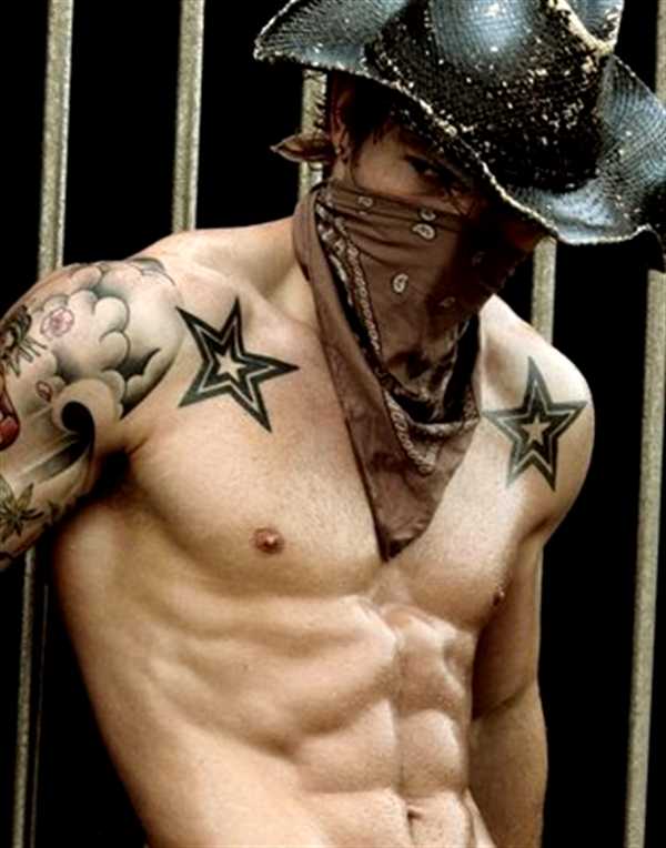 Two Black Cowboy Stars Tattoo On Man Collarbone