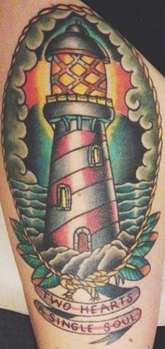 Two Hearts Single Soul Lighthouse Tattoo On Leg