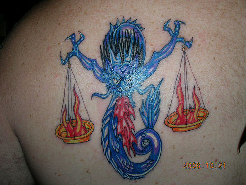 Unique Libra Scale Tattoo On Left Back Shoulder