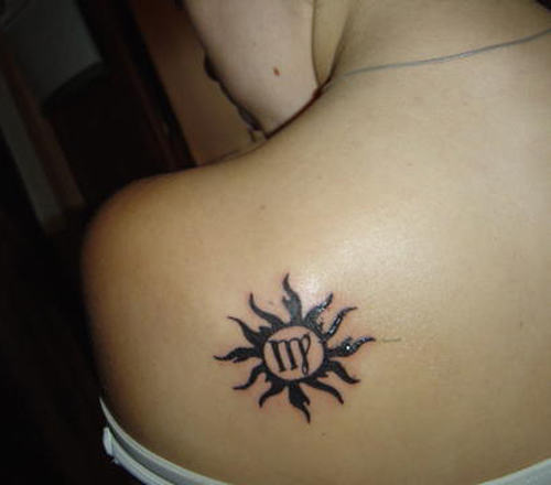 Virgo Sun Tattoo On Girl Left Back Shoulder