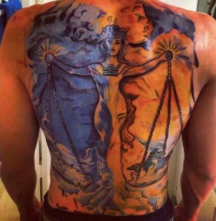 Watercolor Girl And Libra Tattoo On Full Back