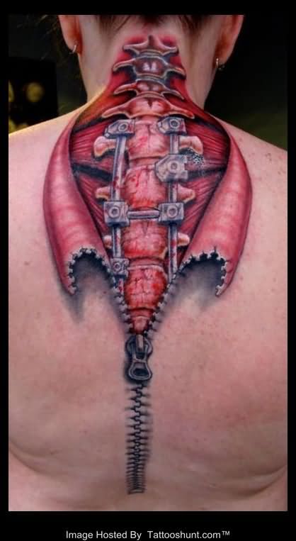 Zipped Skin Spine Bone Tattoo On Man Upper Back