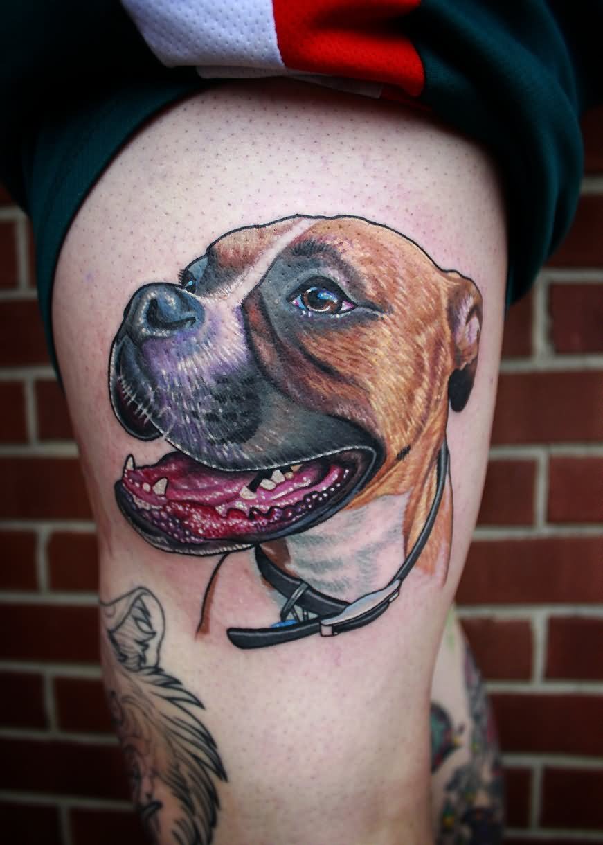 3D Boxer Dog Face Tattoo On Side Thigh