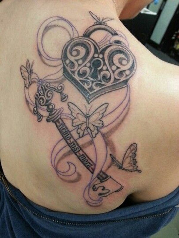3D Heart Lock And Key With Butterflies Tattoo On Right Back Shoulder