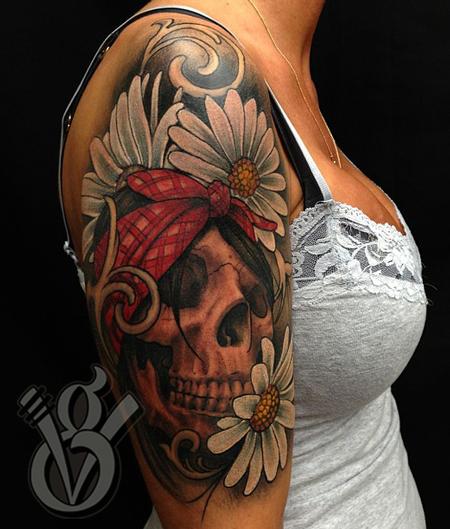 3D Skull With Daisy Flowers Tattoo On Right Half Sleeve