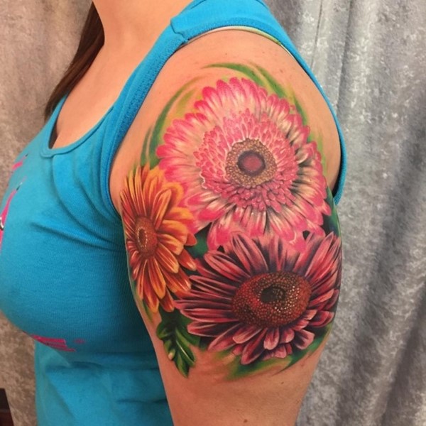 3D Three Daisy Flower Tattoo On Girl Left Shoulder