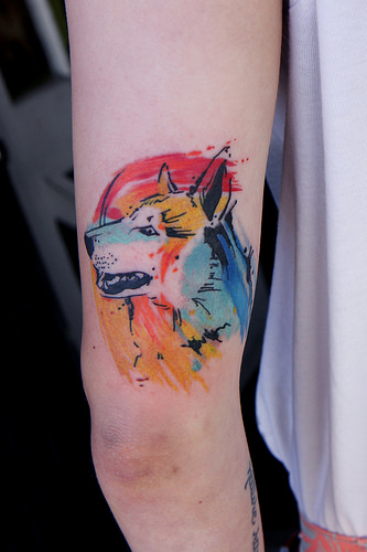Abstract Dog Face Tattoo On Half Sleeve