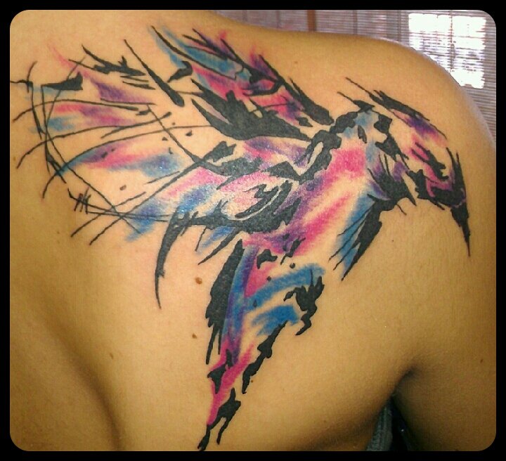 Abstract Hummingbird Tattoo On Right Back Shoulder