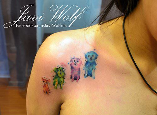 Abstract Little Four Dogs Tattoo On Girl Right Front Shoulder