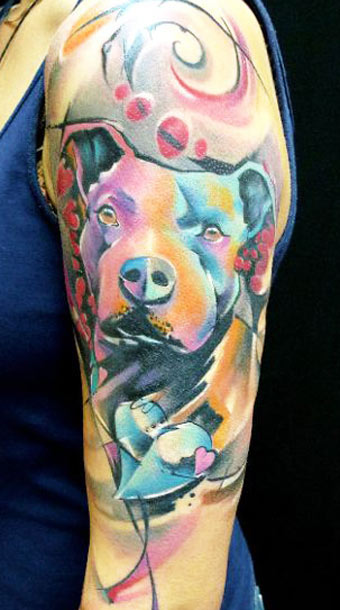 Abstract Pitbull Dog Face Tattoo On Left Half Sleeve By Bobek Tattoo