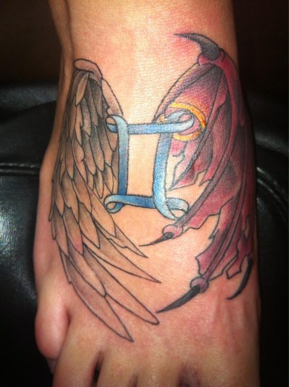 Angel And Devil Gemini Tattoo On Girl Right Foot