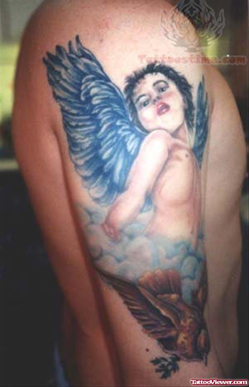 Attractive Cupid Cherub Tattoo On Man Right Half Sleeve