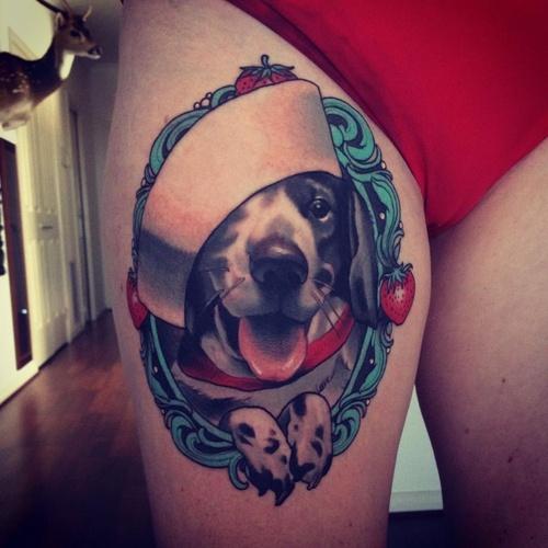 Awesome Dog Face In Frame Tattoo On Thigh