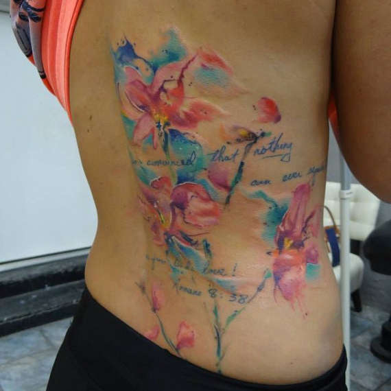 Awesome Watercolor Daisy Flowers Tattoo On Full Back