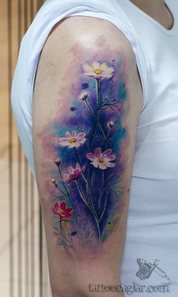 Awesome Watercolor Daisy Flowers Tattoo On Right Half Sleeve