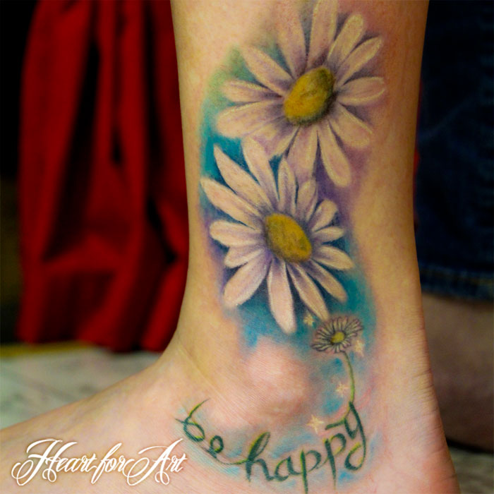 Be Happy - Daisy Flowers Tattoo On Leg