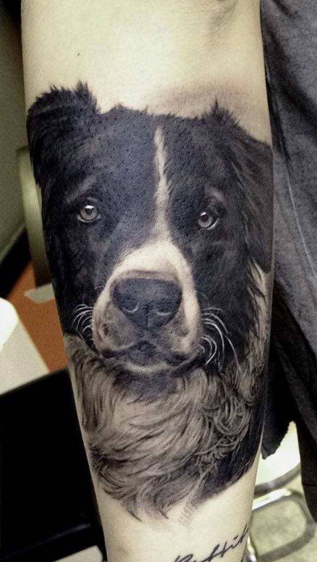 Black And Grey 3D Dog Face Tattoo Design For Forearm