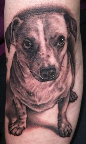 Black And Grey 3D Dog Tattoo Design For Sleeve