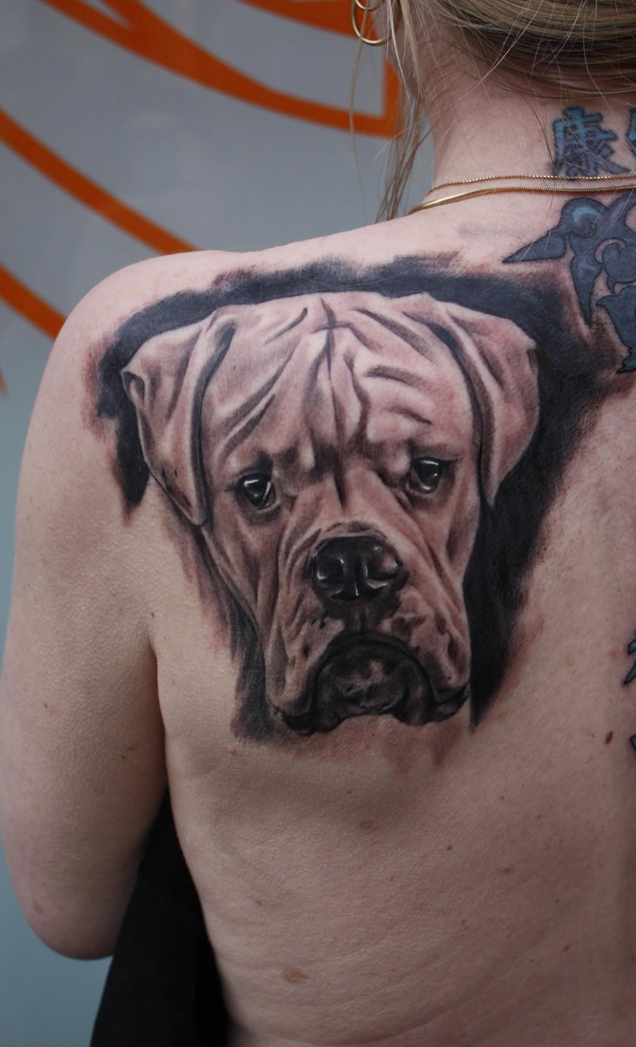 Black And Grey Boxer Dog Tattoo On Girl Left Back Shoulder