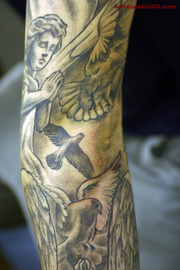 Black And Grey Cupid Cherub With Flying Birds Tattoo Design For Full Sleeve