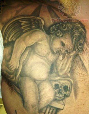 Black And Grey Cupid Cherub With Skull Tattoo Design