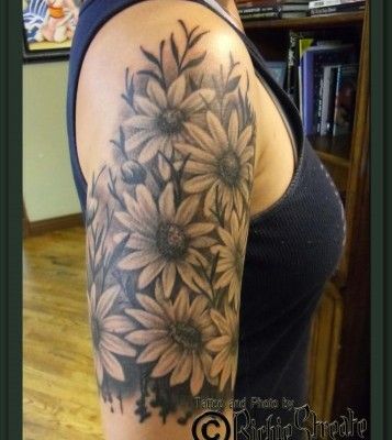 Black And Grey Daisy Flowers Tattoo On Girl Right Half Sleeve