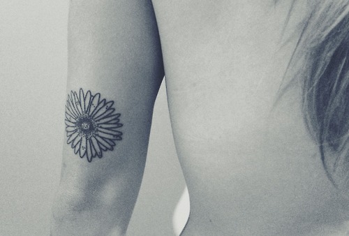 Black And White Daisy Flower Tattoo On Left Half Sleeve