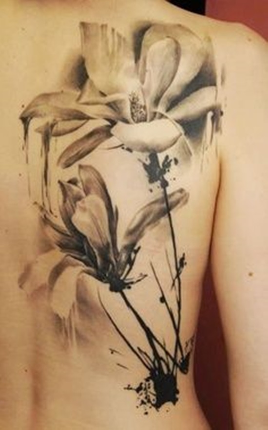 Black And White Daisy Flower Tattoo On Right Back Shoulder