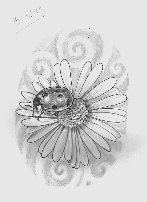 Black And White Ladybird On Daisy Tattoo Design
