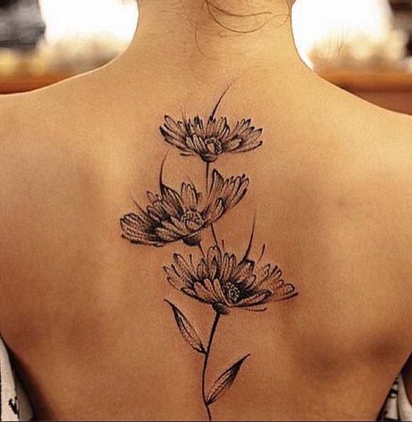 Black And White Three Daisy Flowers Tattoo On Upper Back
