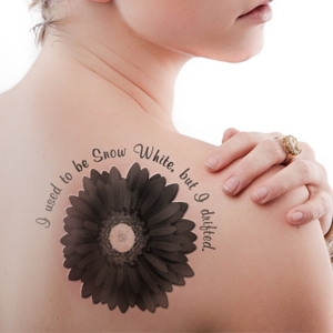 Black Daisy Flower Tattoo On Girl Right Back Shoulder