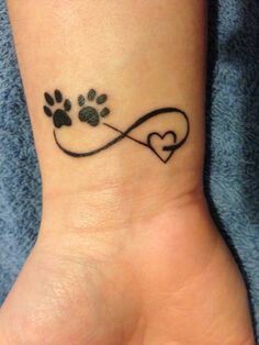 Black Dog Paw Prints With Infinity And Heart Tattoo Design For Wrist