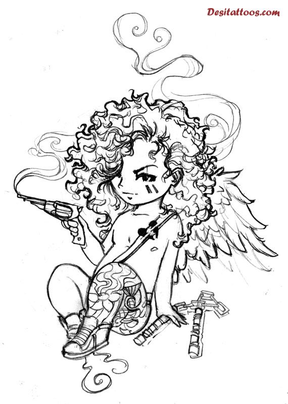 Black Gun In Cupid Cherub Hand Tattoo Stencil