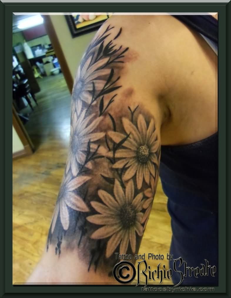 Black Ink 3D Daisy Flowers Tattoo On Half Sleeve