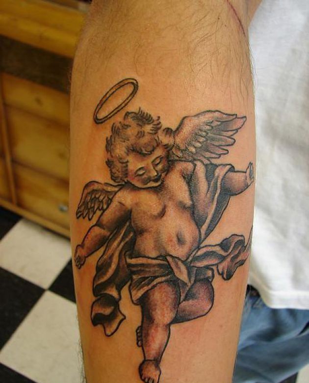Black Ink Cupid Cherub Tattoo On Forearm