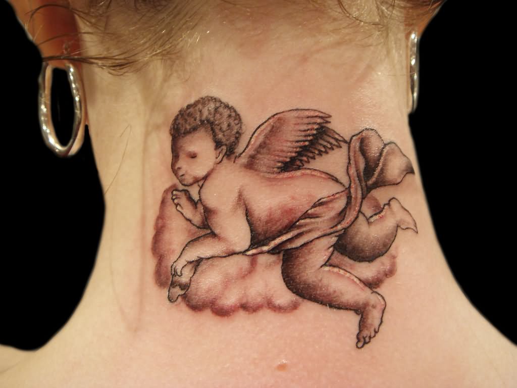 Black Ink Cupid Cherub Tattoo On Girl Back Neck