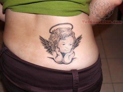 Black Ink Cupid Cherub Tattoo On Lower Back