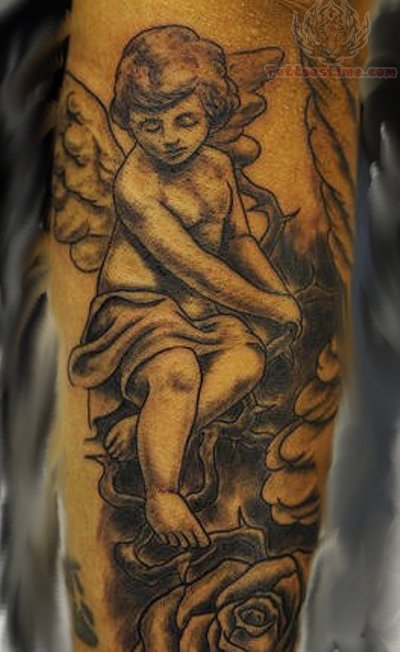 Black Ink Cupid Cherub With Rose Tattoo Design For Arm