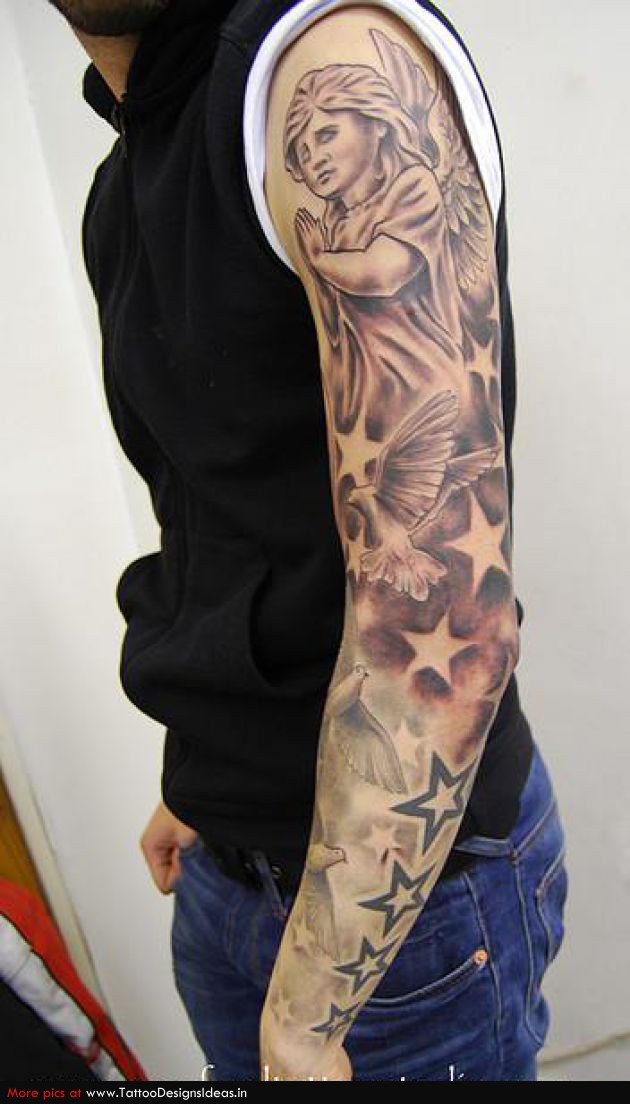 Black Ink Cupid Cherub With Stars Tattoo On Man Left Full Sleeve